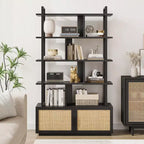 Bibliothèque en rotin à 5 niveaux de 180,6 cm de hauteur avec rangement et étagères ouvertes – Bibliothèque industrielle avec cadre en métal pour salon, chambre à coucher