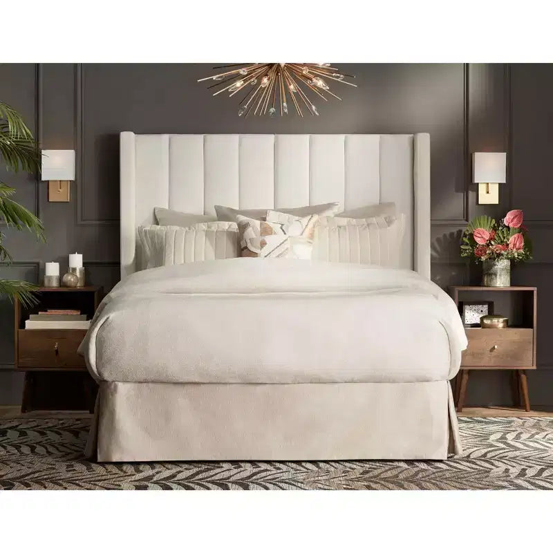 Channel Tufted White Fabric Queen Hanging Headboard