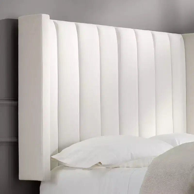 Channel Tufted White Fabric Queen Hanging Headboard