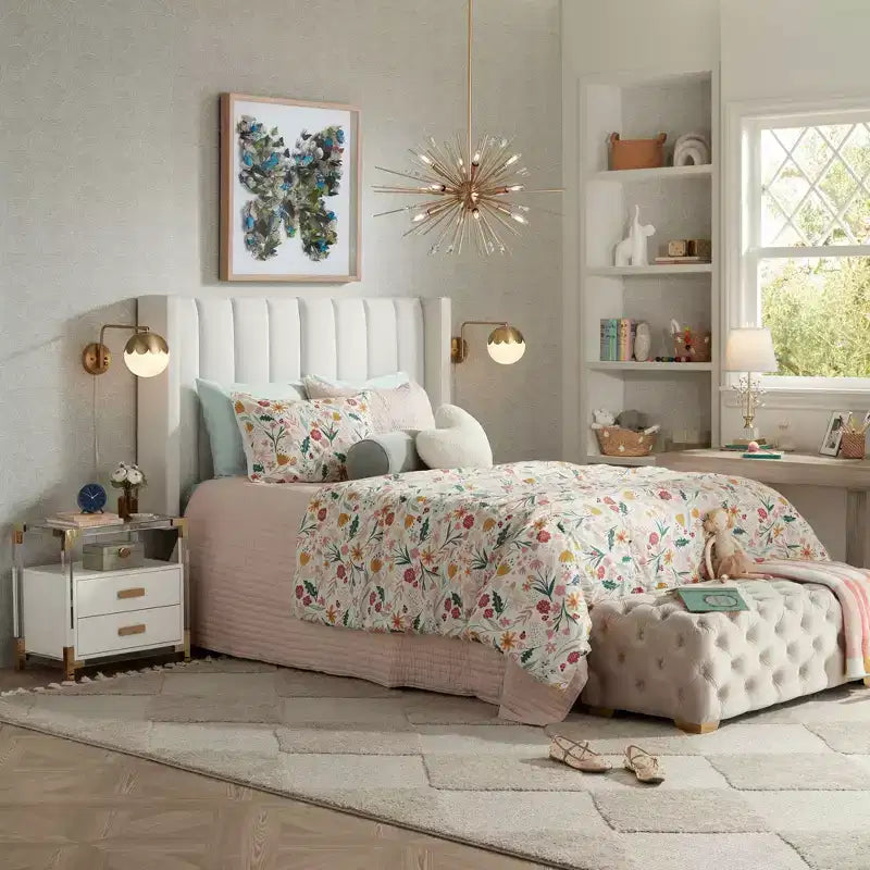 Channel Tufted White Fabric Queen Hanging Headboard