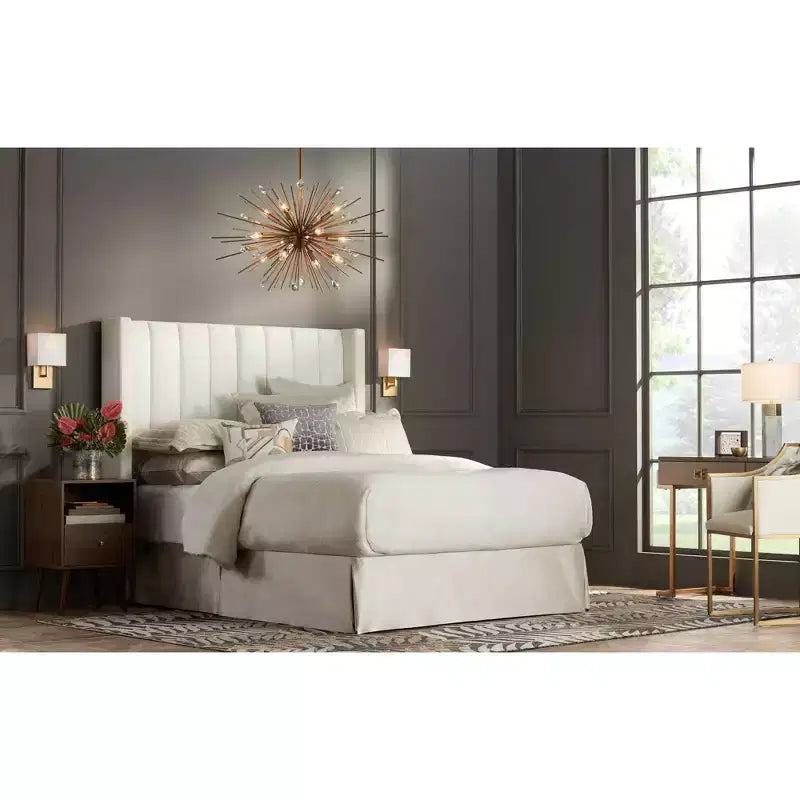 Channel Tufted White Fabric Queen Hanging Headboard