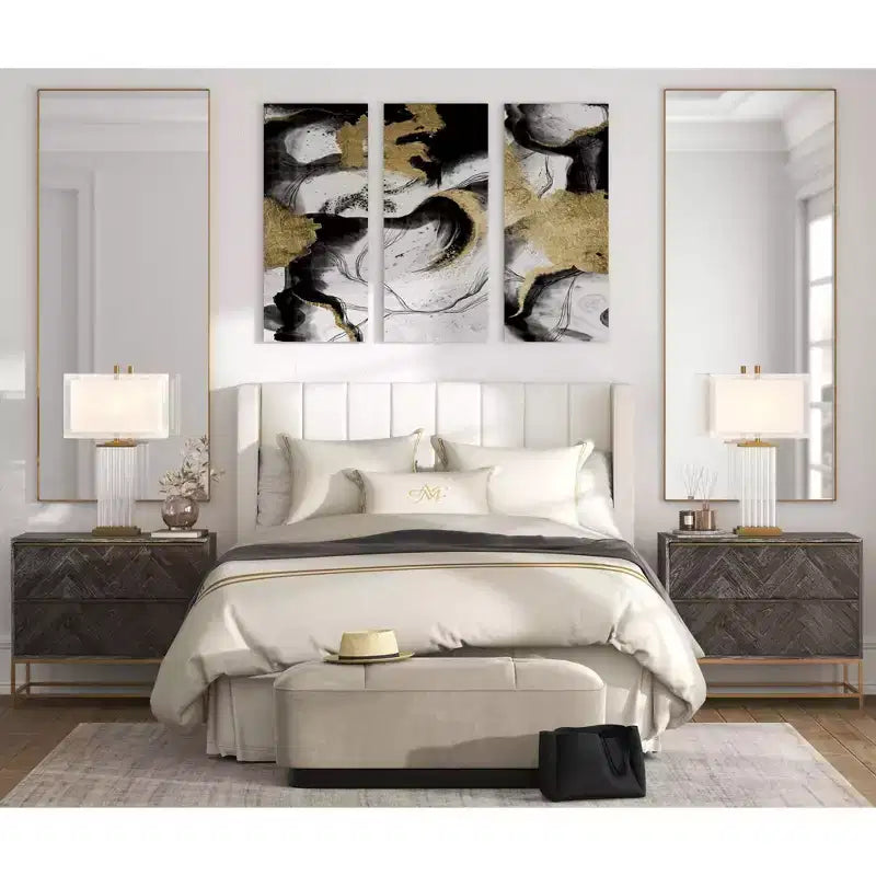 Channel Tufted White Fabric Queen Hanging Headboard