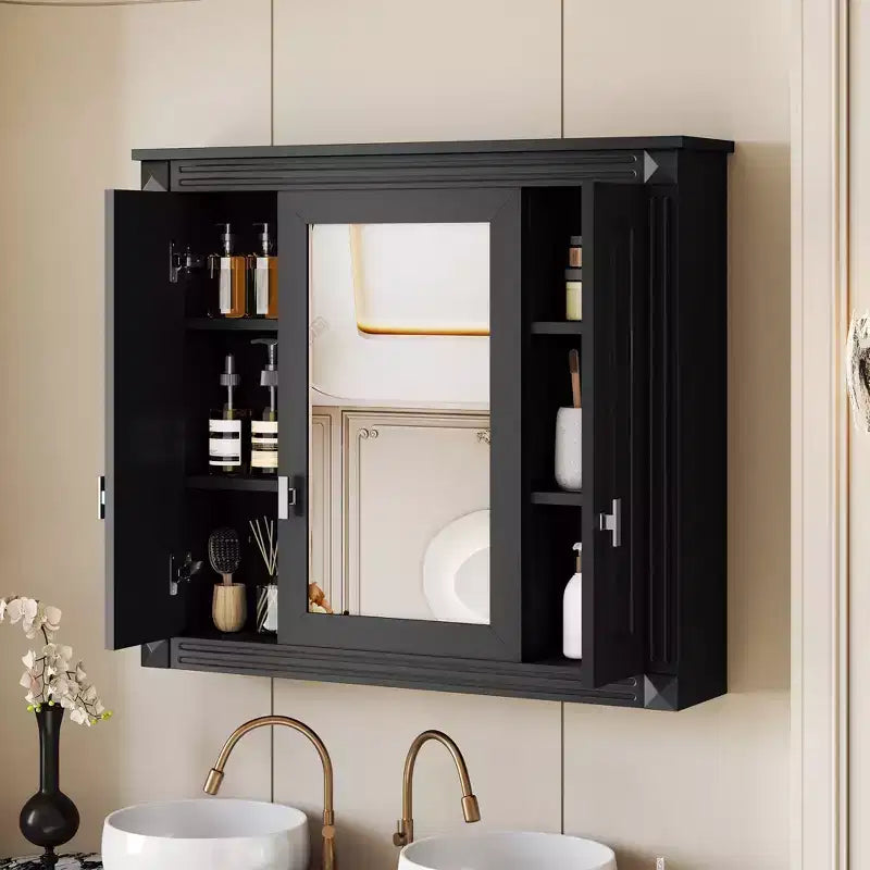 35 in. W x 28 in. H Rectangular MDF Medicine Cabinet with Mirror, Soft-Closing Hinges, 8 Shelves, Black