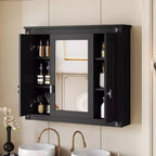 Armoire à pharmacie rectangulaire en MDF avec miroir, charnières à fermeture douce, 8 étagères, noire, 35 po L x 28 po H