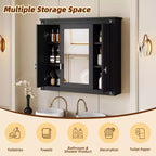 Armoire à pharmacie rectangulaire en MDF avec miroir, charnières à fermeture douce, 8 étagères, noire, 35 po L x 28 po H