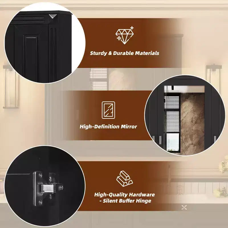 35 in. W x 28 in. H Rectangular MDF Medicine Cabinet with Mirror, Soft-Closing Hinges, 8 Shelves, Black