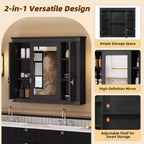 Armoire à pharmacie rectangulaire en MDF avec miroir, charnières à fermeture douce, 8 étagères, noire, 35 po L x 28 po H