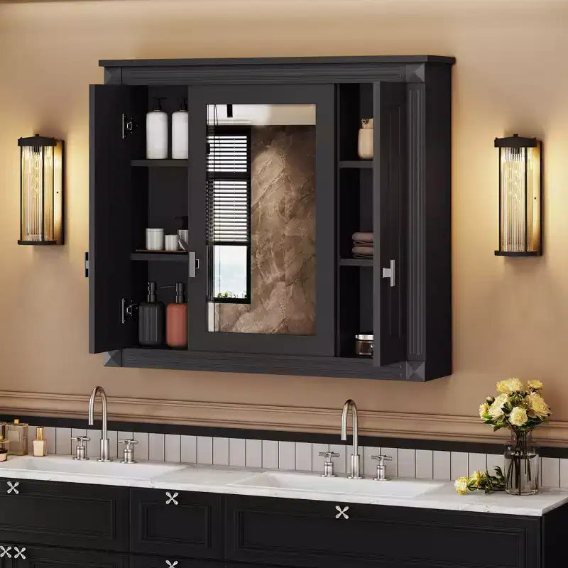 35 in. W x 28 in. H Rectangular MDF Medicine Cabinet with Mirror, Soft-Closing Hinges, 8 Shelves, Black