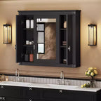 Armoire à pharmacie rectangulaire en MDF avec miroir, charnières à fermeture douce, 8 étagères, noire, 35 po L x 28 po H