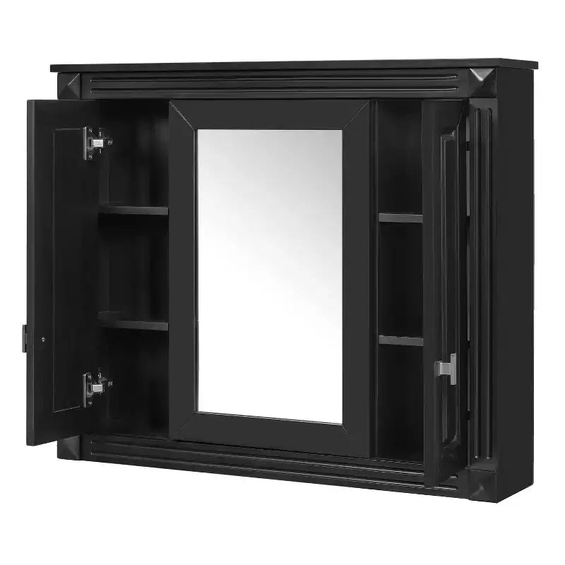 35 in. W x 28 in. H Rectangular MDF Medicine Cabinet with Mirror, Soft-Closing Hinges, 8 Shelves, Black