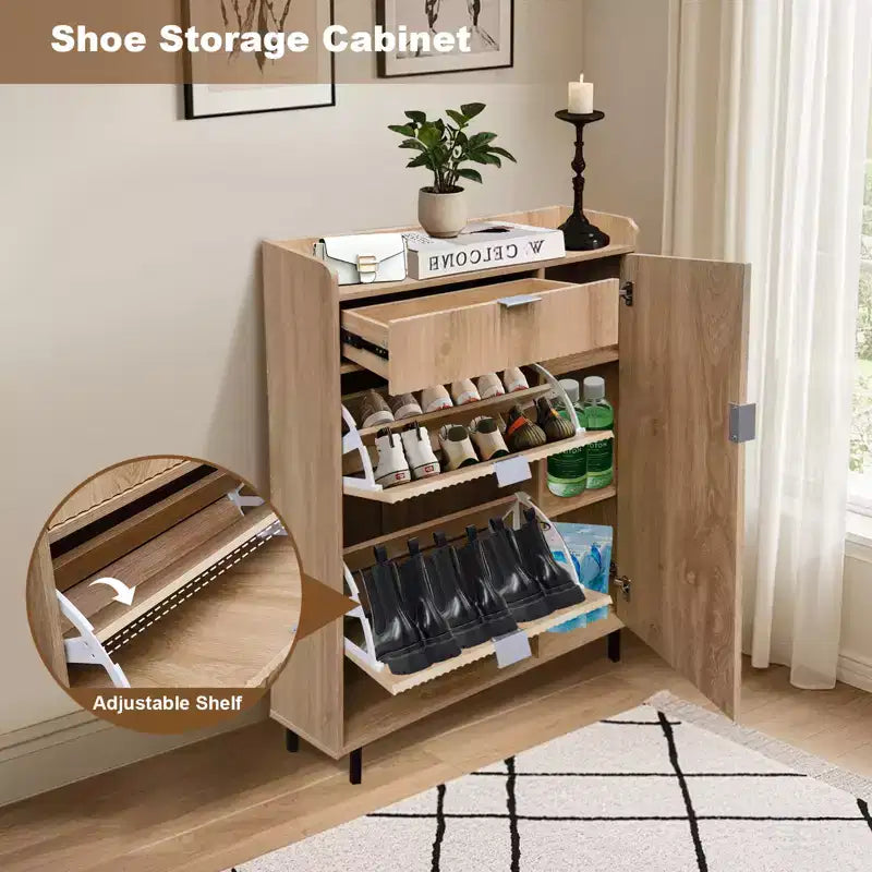 Fluted Shoe Cabinet with 2 Flip Drawers, 1 Drawer, 1 Side Cabinet, Adjustable Shelves for Entryway Living Room,