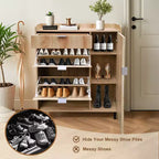Meuble à chaussures cannelé avec 2 tiroirs à abattant, 1 tiroir, 1 meuble latéral, étagères réglables pour entrée et salon,