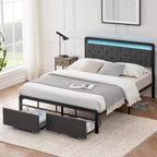 Queen Bed Frame with Storage and Headboard, Upholstered Button Tufted Platform Bed, Grey