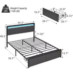 Lit double avec rangement et tête de lit, plateforme de lit rembourrée capitonnée, gris