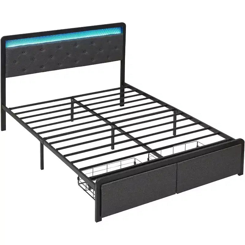 Queen Bed Frame with Storage and Headboard, Upholstered Button Tufted Platform Bed, Grey