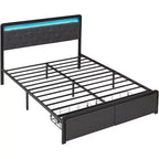 Lit double avec rangement et tête de lit, plateforme de lit rembourrée capitonnée, gris