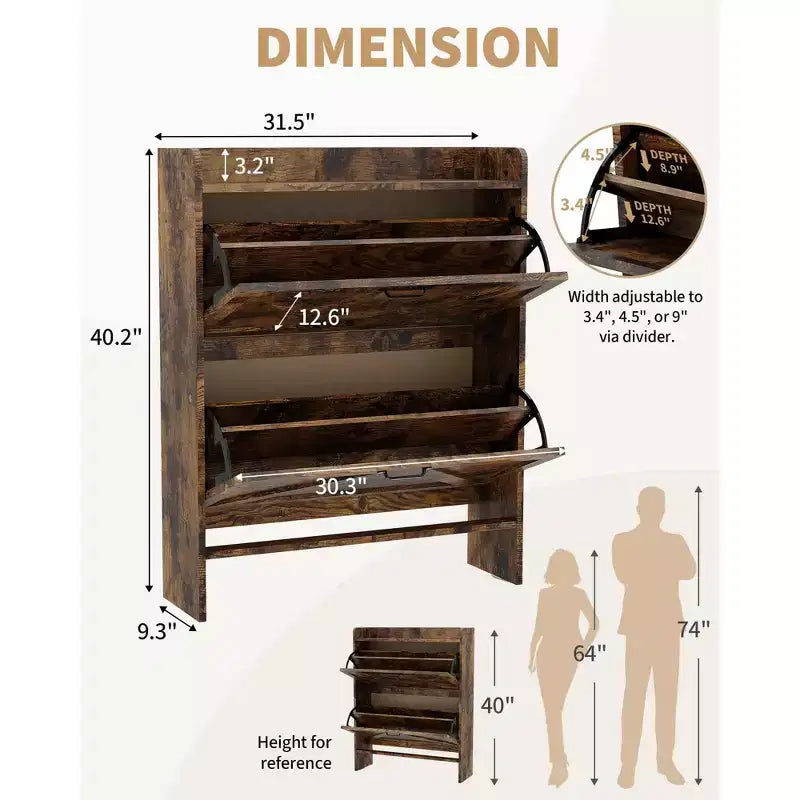 Shoe Cabinet with 2 Flip-Top Drawers, Freestanding Concealed Shoe Rack, Metal Handles, Slim Design for Hallway, Living Room
