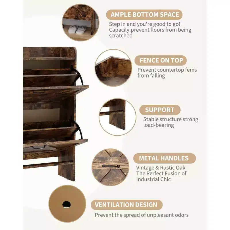 Shoe Cabinet with 2 Flip-Top Drawers, Freestanding Concealed Shoe Rack, Metal Handles, Slim Design for Hallway, Living Room