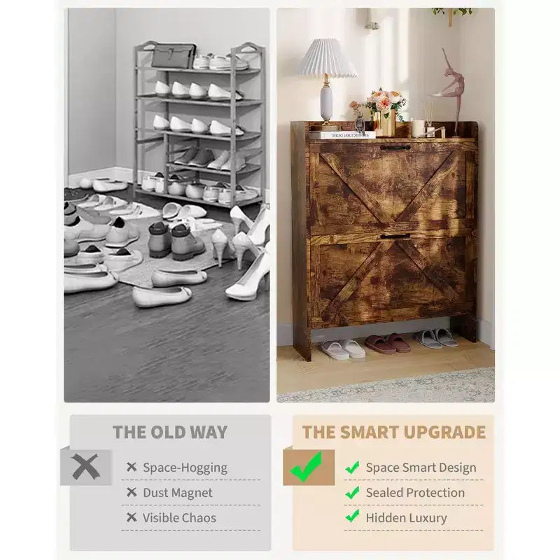 Shoe Cabinet with 2 Flip-Top Drawers, Freestanding Concealed Shoe Rack, Metal Handles, Slim Design for Hallway, Living Room