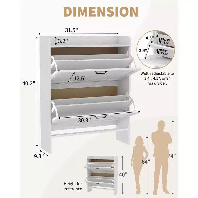 Shoe Cabinet with 2 Flip-Top Drawers, Freestanding Concealed Shoe Rack, Metal Handles, Slim Design for Hallway, Living Room