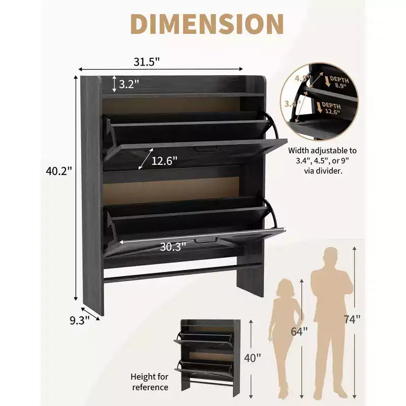 Shoe Cabinet with 2 Flip-Top Drawers, Freestanding Concealed Shoe Rack, Metal Handles, Slim Design for Hallway, Living Room