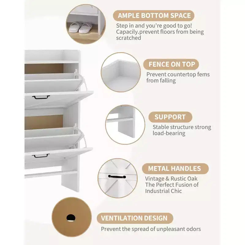 Shoe Cabinet with 2 Flip-Top Drawers, Freestanding Concealed Shoe Rack, Metal Handles, Slim Design for Hallway, Living Room