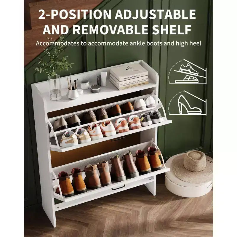 Shoe Cabinet with 2 Flip-Top Drawers, Freestanding Concealed Shoe Rack, Metal Handles, Slim Design for Hallway, Living Room