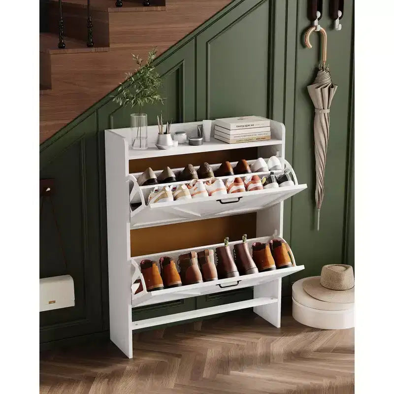 Shoe Cabinet with 2 Flip-Top Drawers, Freestanding Concealed Shoe Rack, Metal Handles, Slim Design for Hallway, Living Room