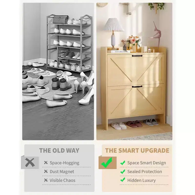 Shoe Cabinet with 2 Flip-Top Drawers, Freestanding Concealed Shoe Rack, Metal Handles, Slim Design for Hallway, Living Room