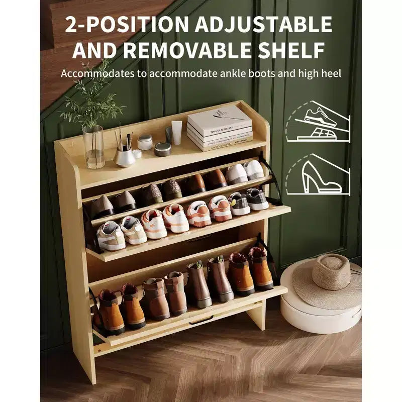 Shoe Cabinet with 2 Flip-Top Drawers, Freestanding Concealed Shoe Rack, Metal Handles, Slim Design for Hallway, Living Room