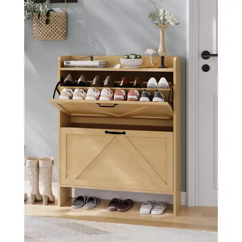 Shoe Cabinet with 2 Flip-Top Drawers, Freestanding Concealed Shoe Rack, Metal Handles, Slim Design for Hallway, Living Room