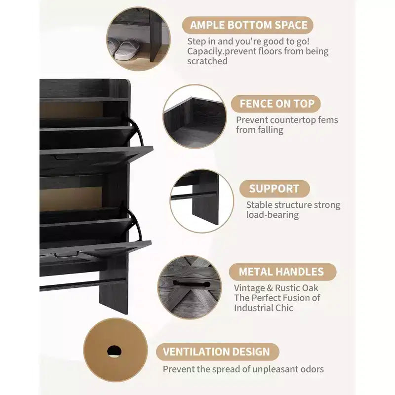 Shoe Cabinet with 2 Flip-Top Drawers, Freestanding Concealed Shoe Rack, Metal Handles, Slim Design for Hallway, Living Room