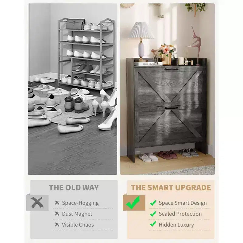 Shoe Cabinet with 2 Flip-Top Drawers, Freestanding Concealed Shoe Rack, Metal Handles, Slim Design for Hallway, Living Room