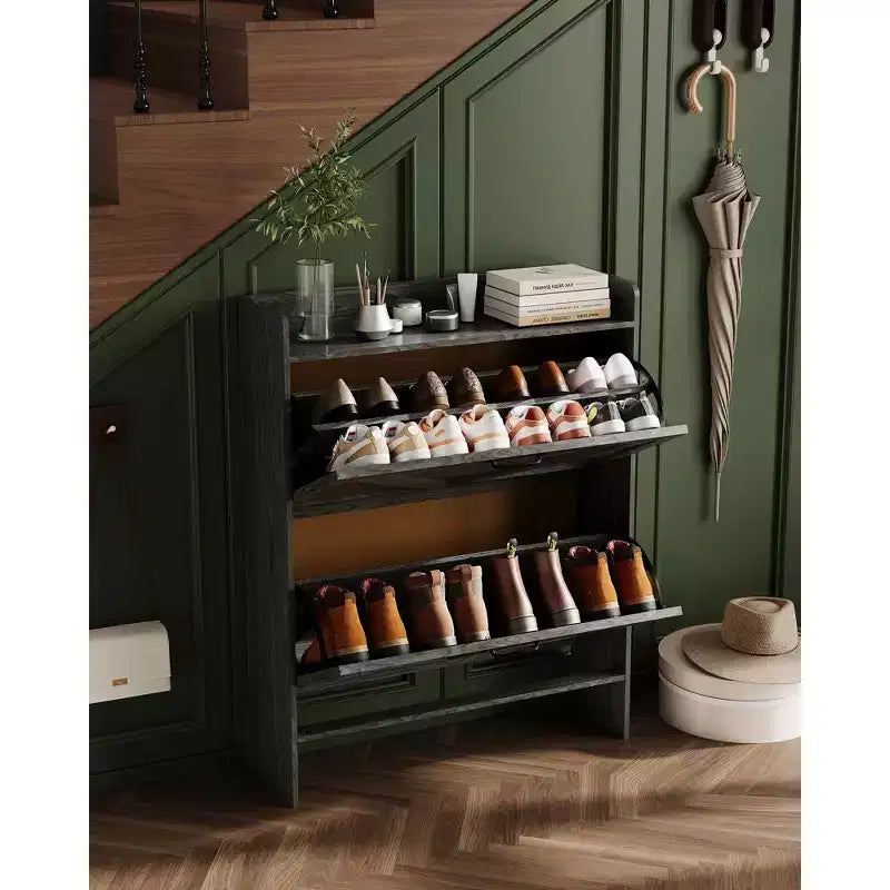 Shoe Cabinet with 2 Flip-Top Drawers, Freestanding Concealed Shoe Rack, Metal Handles, Slim Design for Hallway, Living Room