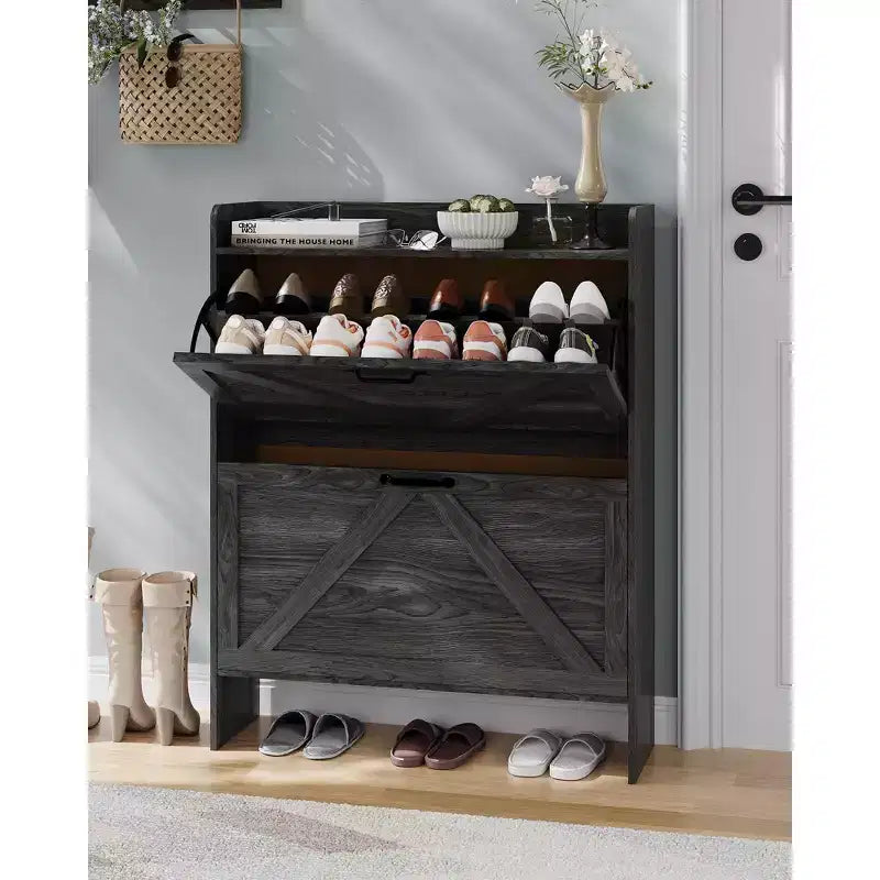 Shoe Cabinet with 2 Flip-Top Drawers, Freestanding Concealed Shoe Rack, Metal Handles, Slim Design for Hallway, Living Room