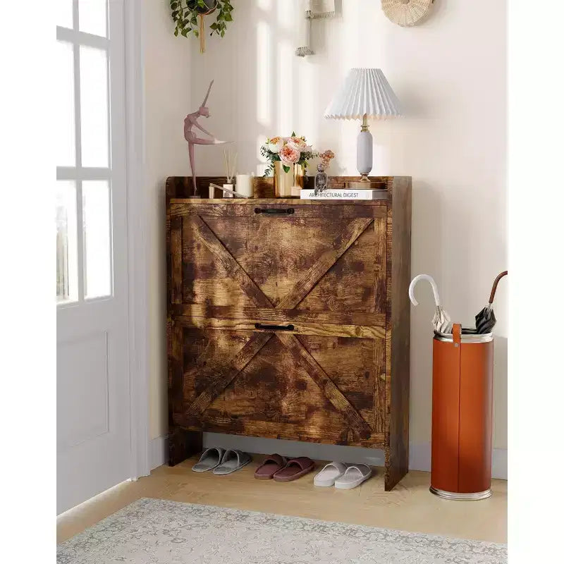 Shoe Cabinet with 2 Flip-Top Drawers, Freestanding Concealed Shoe Rack, Metal Handles, Slim Design for Hallway, Living Room