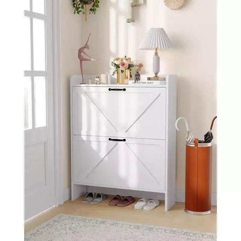 Shoe Cabinet with 2 Flip-Top Drawers, Freestanding Concealed Shoe Rack, Metal Handles, Slim Design for Hallway, Living Room