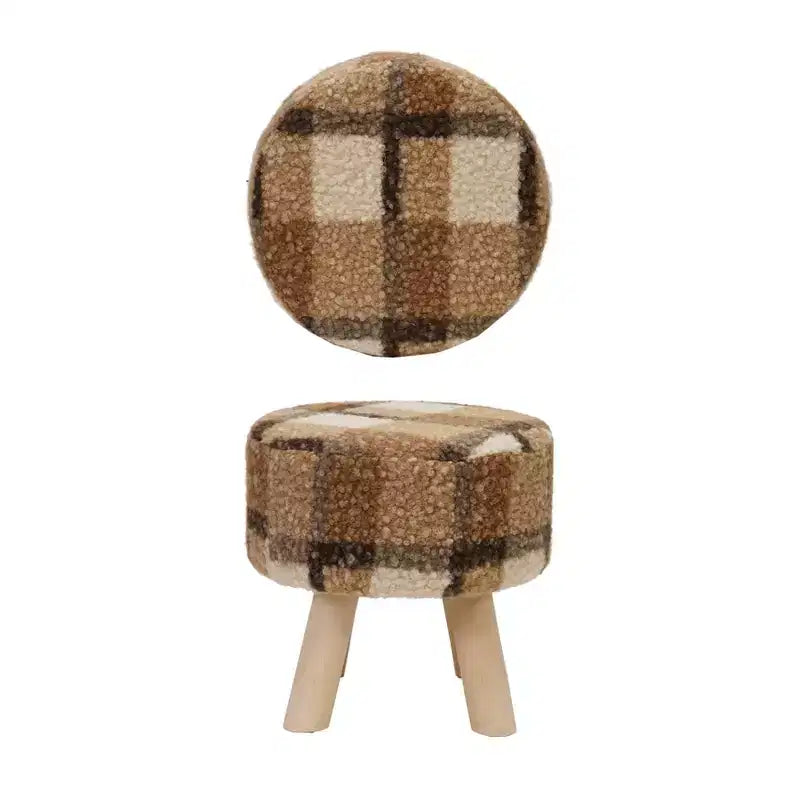 Storied Home Plaid Upholstered Stool with Pine Wood Feet, Multicolor Plaid
