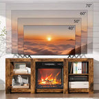 Meuble TV cheminée pour téléviseurs jusqu'à 70", meuble de divertissement style ferme avec chauffage électrique de cheminée et étagères réglables