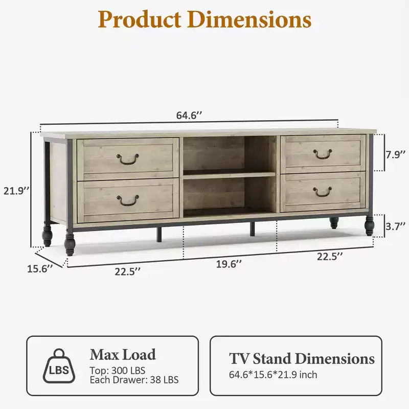 TV console with storage, mid-century modern TV unit featuring 4 metal Roman columns and 4 drawers, perfect for the living room.