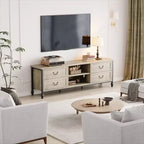 Meuble TV avec rangement, meuble TV moderne du milieu du siècle avec 4 colonnes romaines en métal et 4 tiroirs, parfait pour le salon.