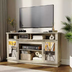 TV stand suitable for 65-inch TVs, featuring LED lighting, spacious storage cabinets, adjustable shelves, and easy installation.