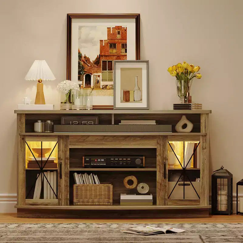 TV stand suitable for 65-inch TVs, featuring LED lighting, spacious storage cabinets, adjustable shelves, and easy installation.