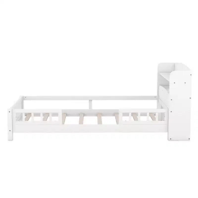 Platform Bed with Storage Shelves LED Light Headboard Guardrail Platform Bed Frame Support No Box Spring Needed White Twin Size
