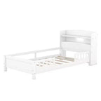 Lit plateforme avec étagères de rangement, tête de lit éclairée par LED, rail de sécurité, cadre de lit plateforme, aucun sommier tapissier requis, blanc, taille double