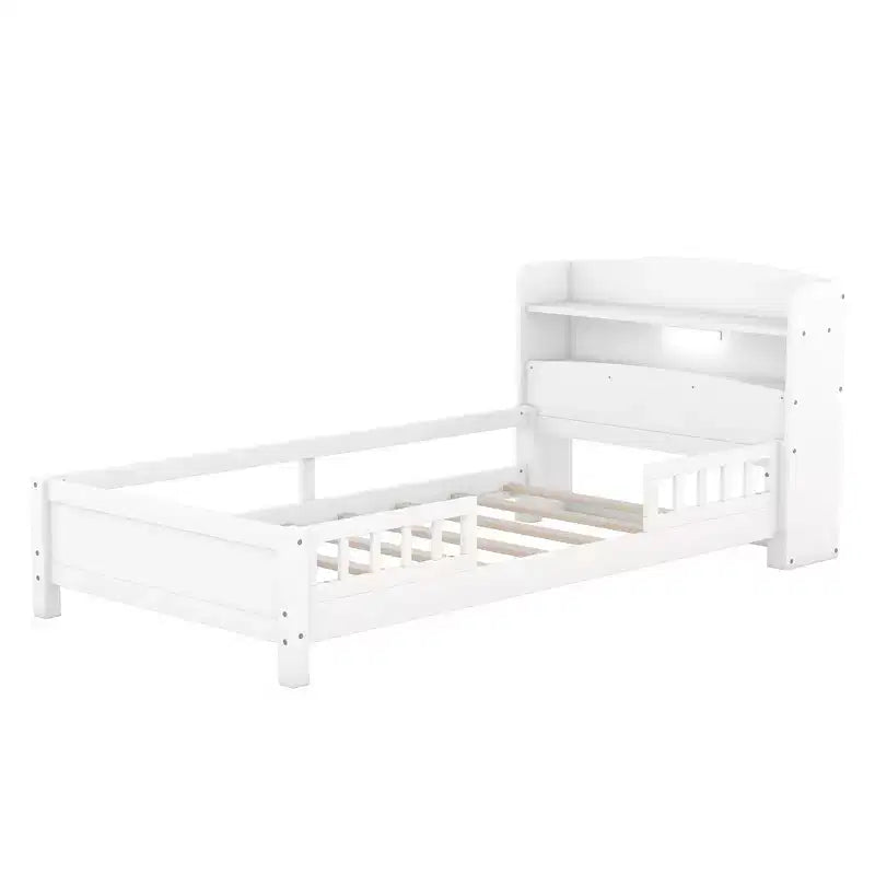 Platform Bed with Storage Shelves LED Light Headboard Guardrail Platform Bed Frame Support No Box Spring Needed White Twin Size