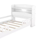 Lit plateforme avec étagères de rangement, tête de lit éclairée par LED, rail de sécurité, cadre de lit plateforme, aucun sommier tapissier requis, blanc, taille double