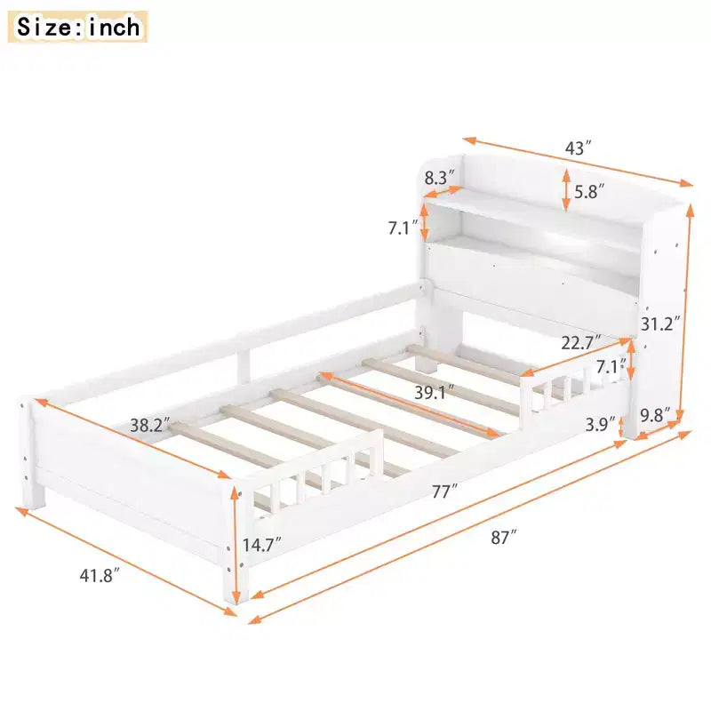 Platform Bed with Storage Shelves LED Light Headboard Guardrail Platform Bed Frame Support No Box Spring Needed White Twin Size