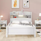 Lit plateforme avec étagères de rangement, tête de lit éclairée par LED, rail de sécurité, cadre de lit plateforme, aucun sommier tapissier requis, blanc, taille double