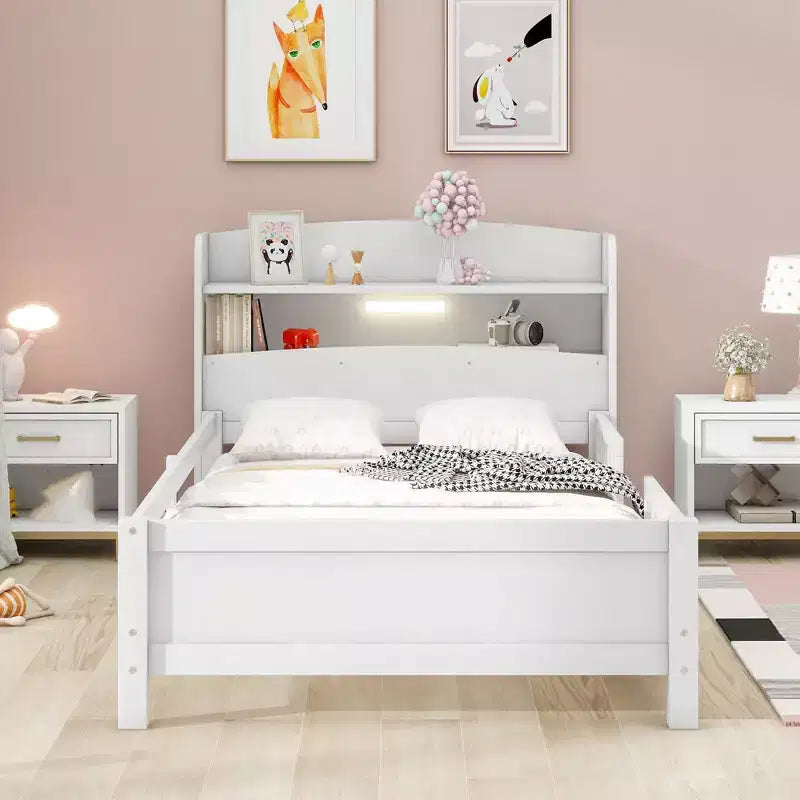 Platform Bed with Storage Shelves LED Light Headboard Guardrail Platform Bed Frame Support No Box Spring Needed White Twin Size